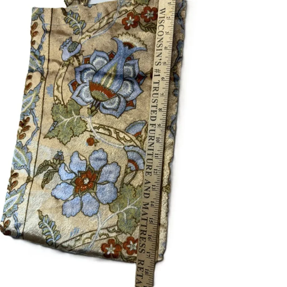 Handmade Velvet Floral Tote Bag Blue Gold Tapestry Mini Shopper Vintage Look